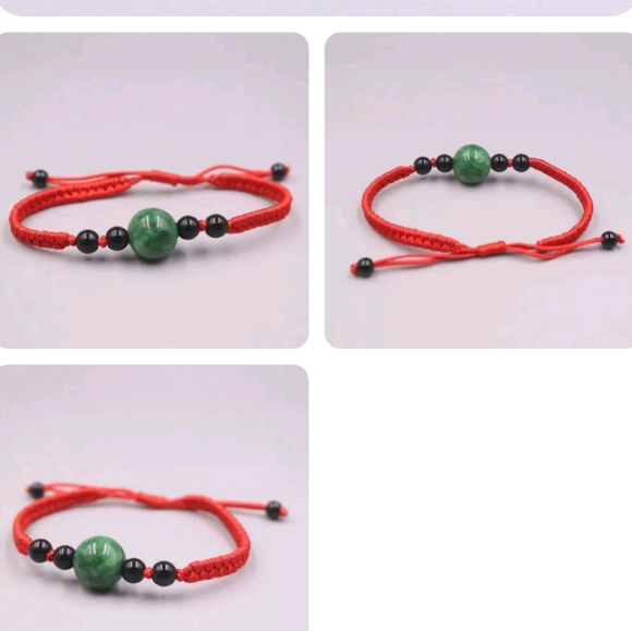 Green Jade Jadeite Circle Bead Red Knitted Bracelet - Picture 3 of 6